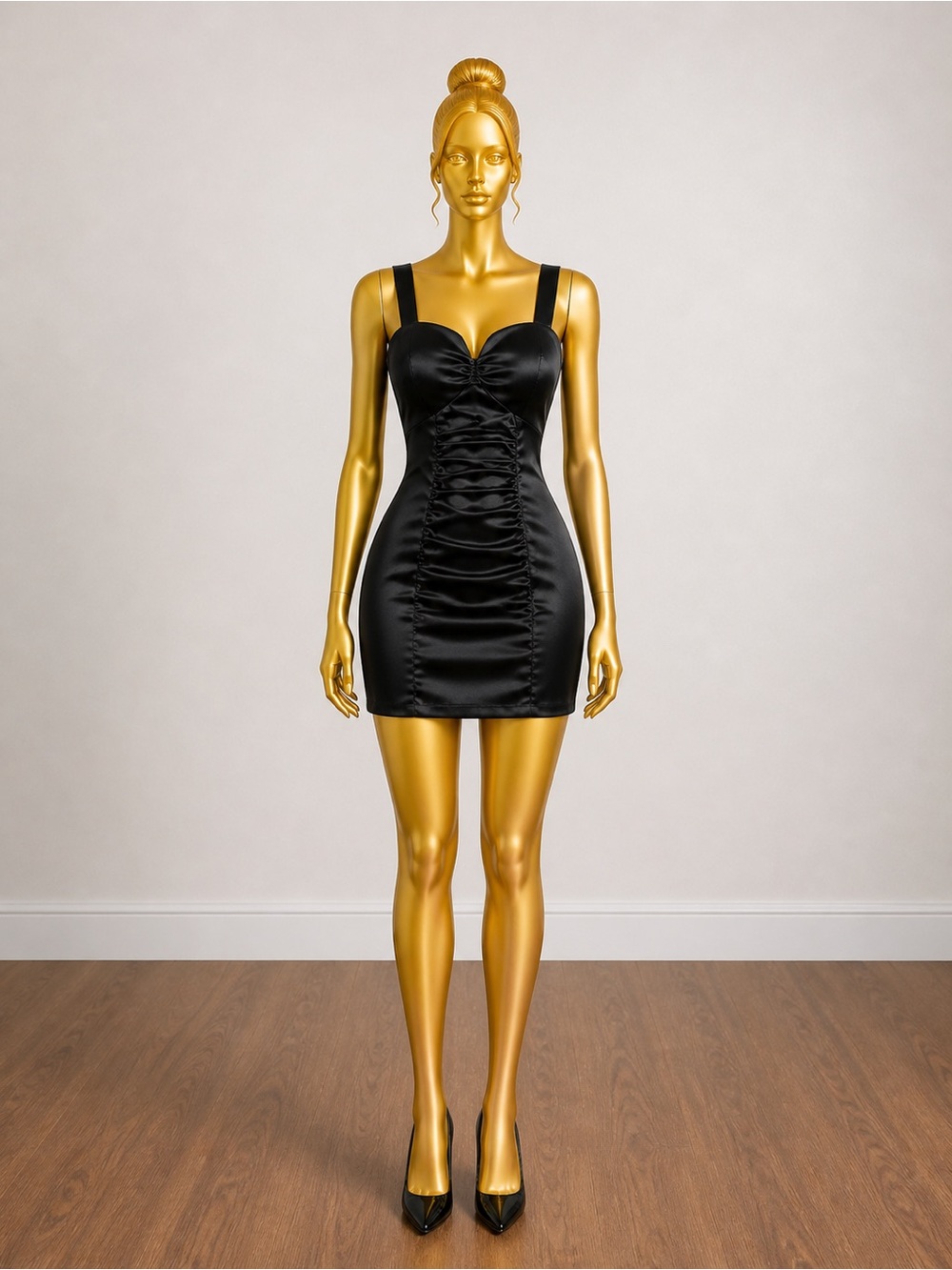 Le Chateau Black Satin Mini Dress Ruched Bodycon Date Night Sweetheart Neck XXS